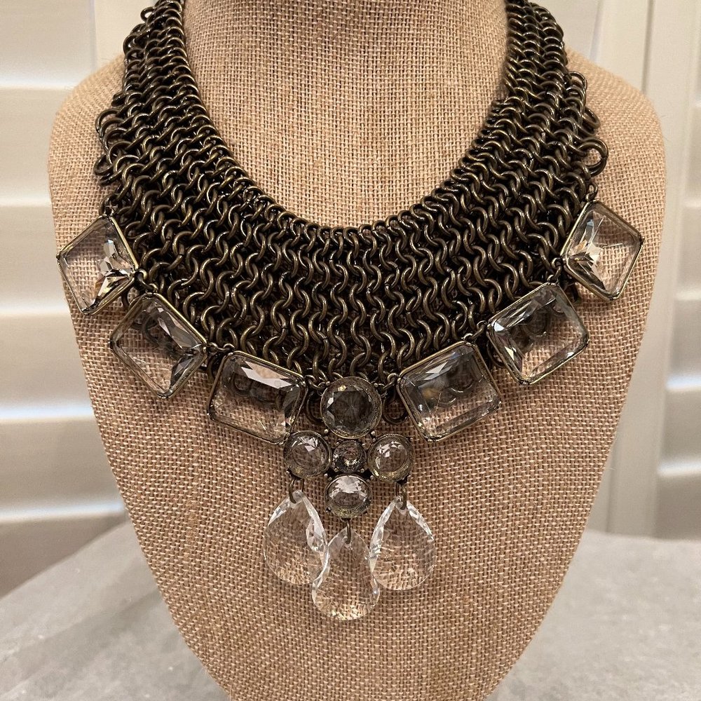 CHICO'S Aged Brass Chain Link Necklace with Crystals Statement Piece Like NEW!